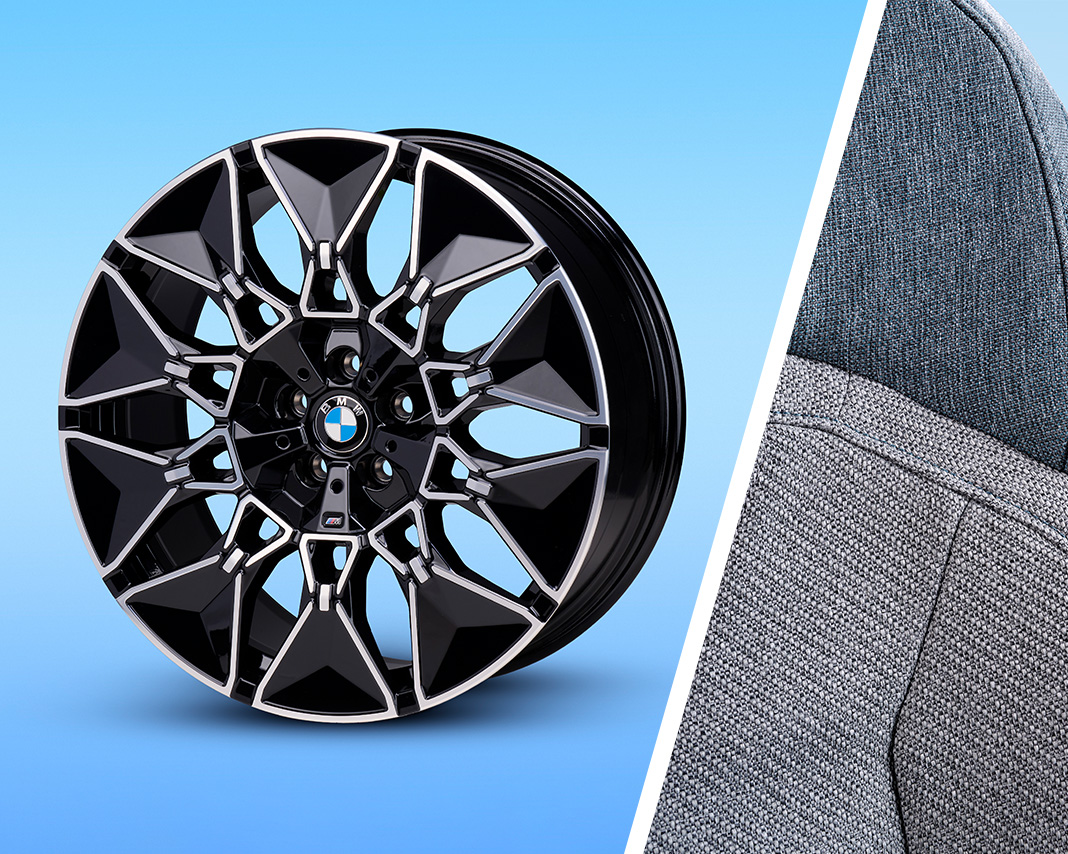 Three-part title collage: three cylindrical Gen6 battery cells, multi-spoke alloy wheel and backrest with Econeer seat cover of the new BMW i3 (from left to right).